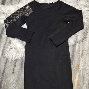 Elegant Black Calvin Klein Bodycon Dress with Rhinestone Embellished Sleeve